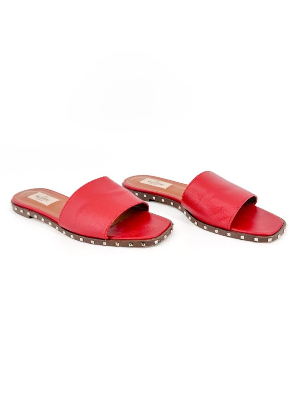 Valentino Garavani Soul Rockstud Red Leather Slide Sandals Size 37 US 7 Women's